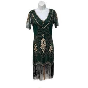 Babeyond Beaded Embroidered Fringed Flapper Dress Size S Green Gold Sequins